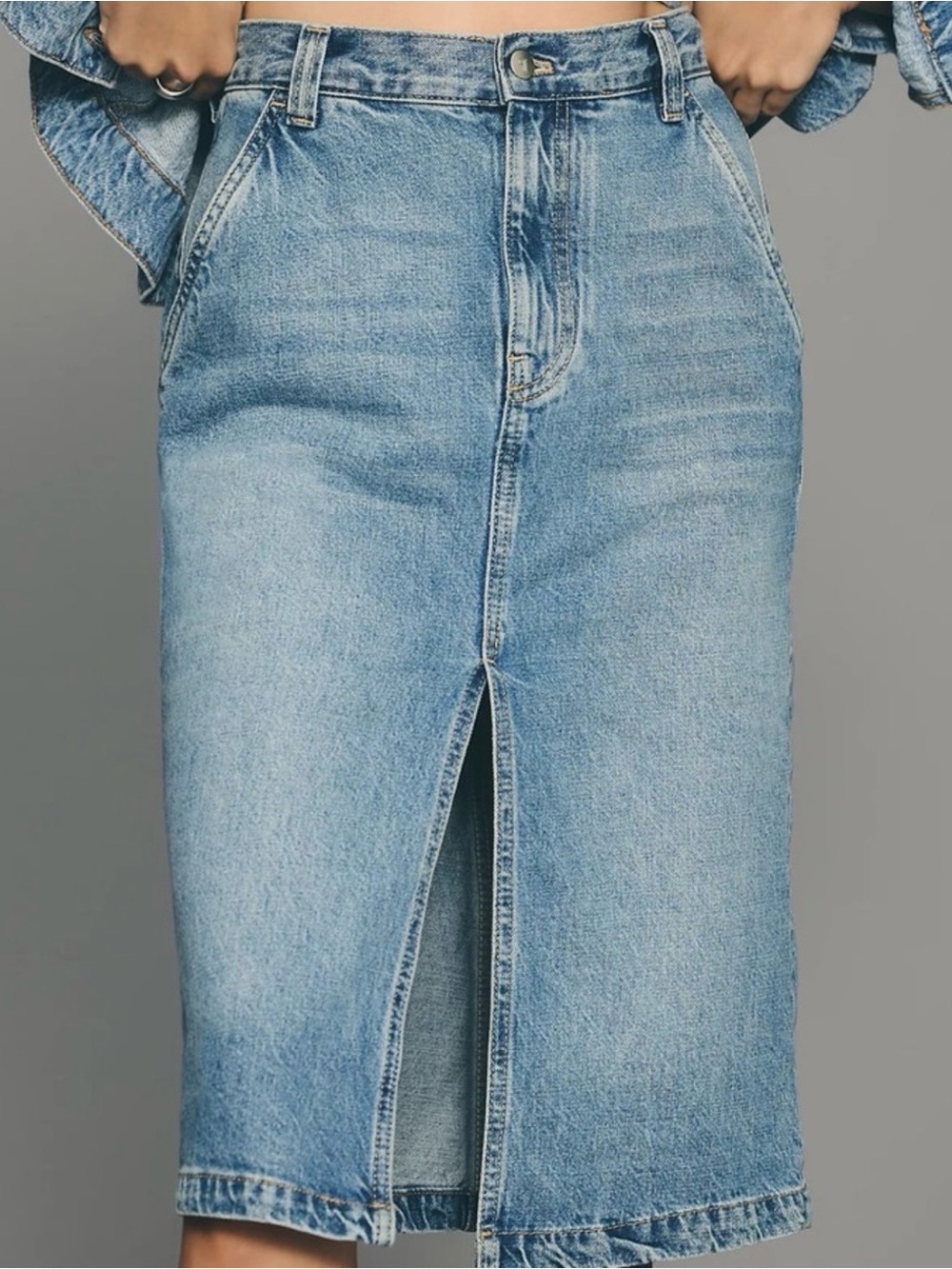 Pilcro-Anthropologie Light Blue Denim Midi-Pencil Skirt with Front Slit